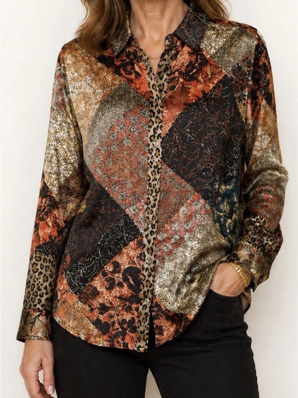 Johnny Was Silk Patchwork Blouse Leopard Print Button Front Top M NWT